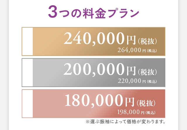 3つの料金プラン 1. 240,000円（税抜）2. 200,000円（税抜）3. 180,000円（税抜）